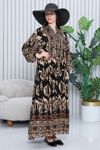 EL jadida Women's Katkat Patterned Plus Size Viscose Hijab Dress Black