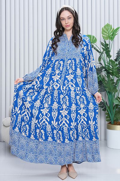 EL jadida Women's Katkat Patterned Plus Size Viscose Hijab Dress Blue