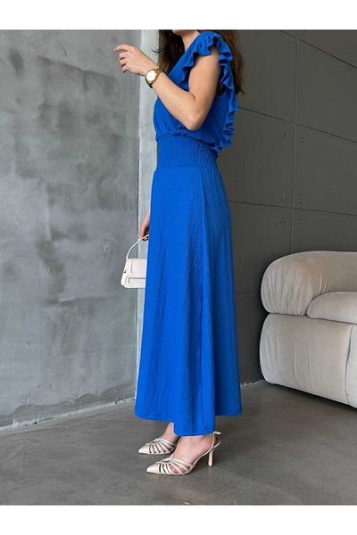 Gc.Butiq Women's Waist Gipeli Wrap Fabric V Neck Zero Sleeve Ruffled Long Dress