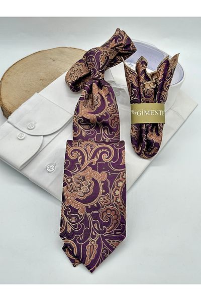 Gutiero Classic Tie with Purple Paisley Patterned Handkerchief