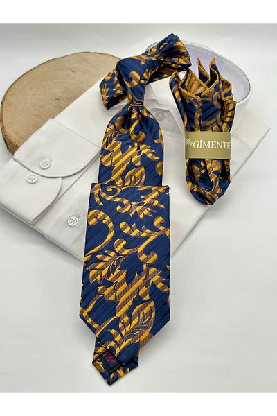 Gutiero Navy Blue Shawl Patterned Classic Tie with Handkerchief