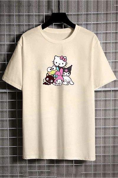 makiteks Τυπωμένο Hello Kitty Γυναικείο Unisex Crew Neck Μπλουζάκι με στάμπα Λευκό μαύρο γκρι μπλουζάκι