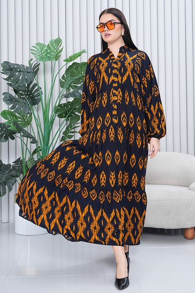 EL jadida Women's Katkat Patterned Plus Size Viscose Hijab Dress Navy Blue