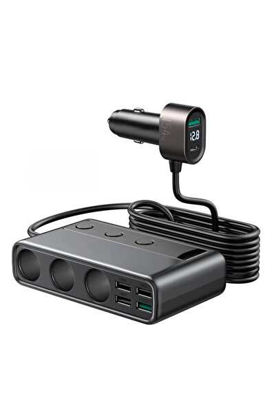 OEM Încărcător auto 9-în-1, 154 W, 5 x USB-A, 1 x USB-C, 3 x prize auto, afișaj LCD, cablu 1 m, negru