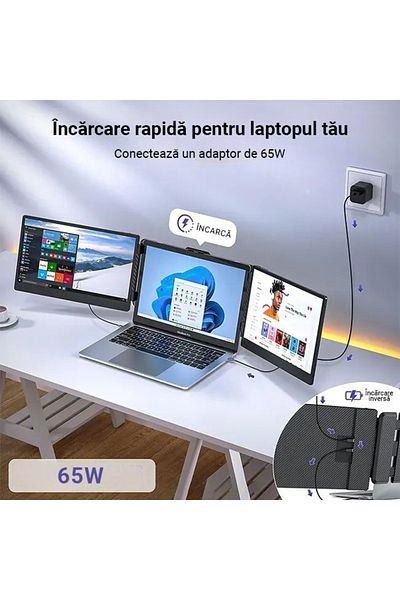 Influential Tech Monitor portabil extensibil cu ecran dublu de 14", IPS FHD, USB-C și HDMI, rotație la 180°, sistem de operare multiplu
