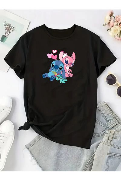 makiteks Τυπωμένο Lilo Stitch Γυναικείο Unisex Crew Neck Μπλουζάκι με στάμπα Λευκό Μαύρο Γκρι μπλουζάκι