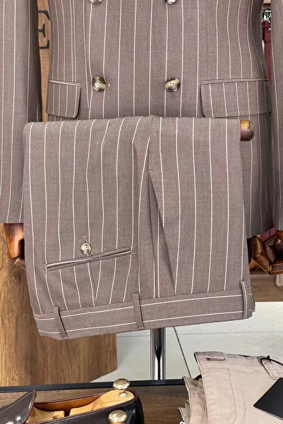 NAZEF Slim Fit Pointed Collar Striped Double Breasted Light Brown Summer Suit