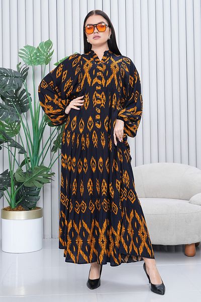 EL jadida Women's Katkat Patterned Plus Size Viscose Hijab Dress Navy Blue