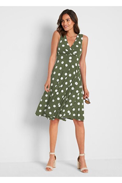 Şans Women's Plus Size Khaki, Point Pattern Wrapped Back Waist Rubber Detail Dress 65N19620