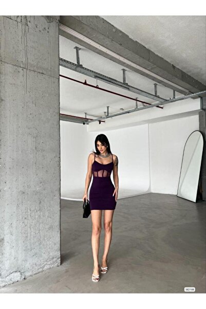 Modafeminen Waist Detailed Thin Strap Mini Dress Purple 582188
