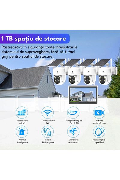 Spionescu Complete video surveillance kit with 4 cameras and solar panel, K8510, WIFI, 4MP, 1 TB, 9000mAh
