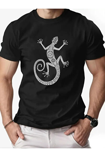 AEMİ تي شيرت برقبة دائرية كبيرة الحجم مطبوع عليه الحرباء للجنسين