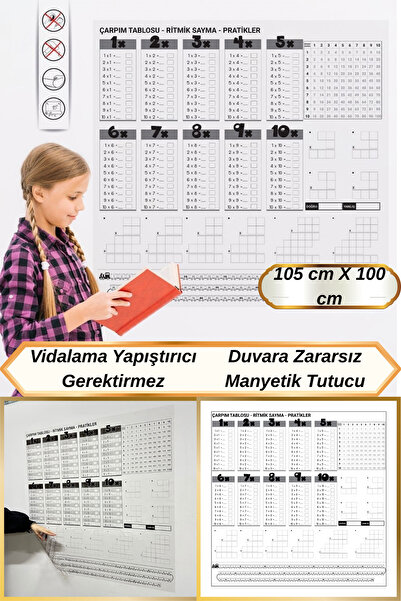 Hane Dostu 105 Cm Manyetik Tak Çıkart Duvara Monte Yazılabilir Çarpım Tablosu...