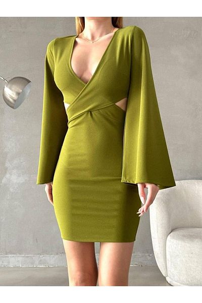 Modafeminen V-Neck Low-Cut Cross Closure Mini Size Imported Crepe Fabric Evening Dress Pistachio Green 582735