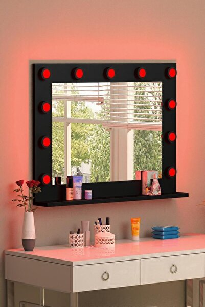 nysamo 90x70cm Siyah Raflı Işıklı Kumandalı Makyaj Masası Etejer Banyo Aynası Dresuar Salon Aynası