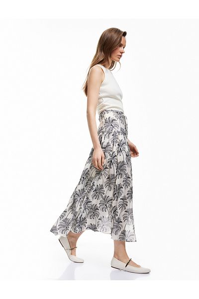Koton New Season Viscose Fabric Cotton Lined Floral Patterned Midi Flared Skirt with Tie Waist