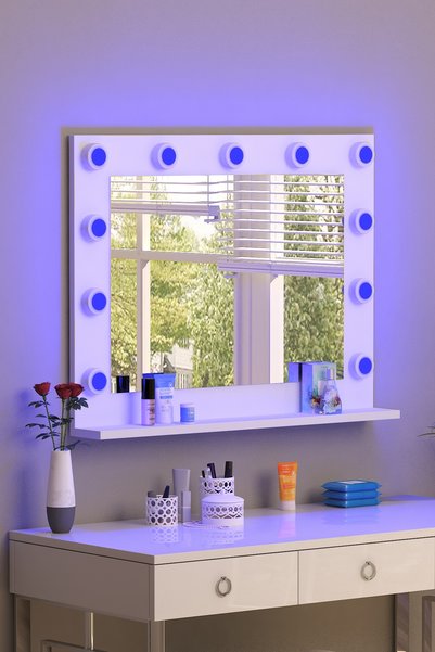 nysamo 90x70cm Beyaz Raflı Işıklı Kumandalı Makyaj Masası Etejer Banyo Aynası Dresuar Salon Aynası