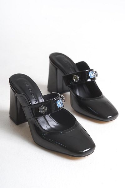 Niloshka Ti̇ana Black Patent Leather Stone Women's Slippers