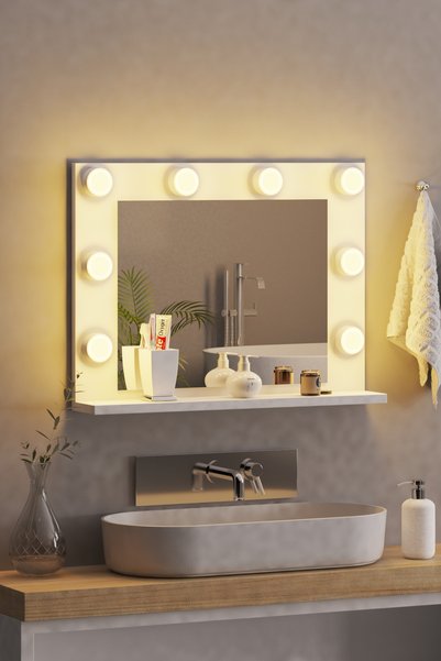 nysamo 70x52 cm Beyaz Raflı Işıklı Kumandalı Makyaj Masası Etejer Banyo Aynası Dresuar Salon Aynası
