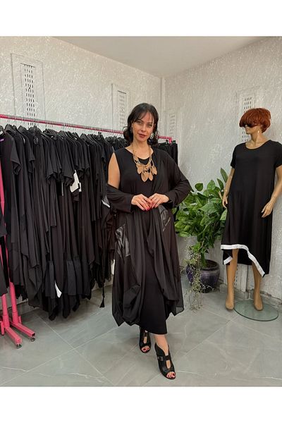 Butik Ayseba Women's Black Chiffon Detailed Stylish Long Sleeve Leather Shawl Collar Cap Cardigan