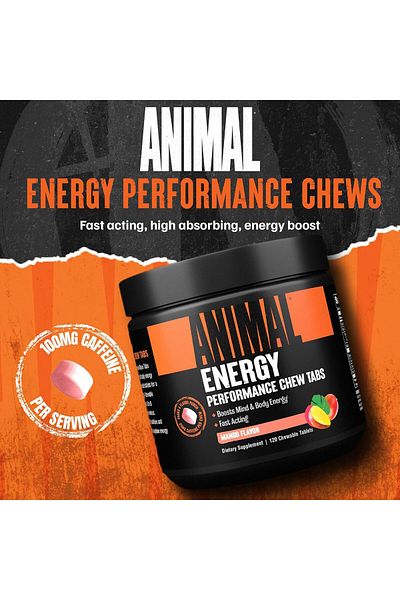 Universal Nutrition Animal Energy Chews, Fast Acting Energy with Caffeine, Pre Workout , Chews Format, Mango, 120 Count