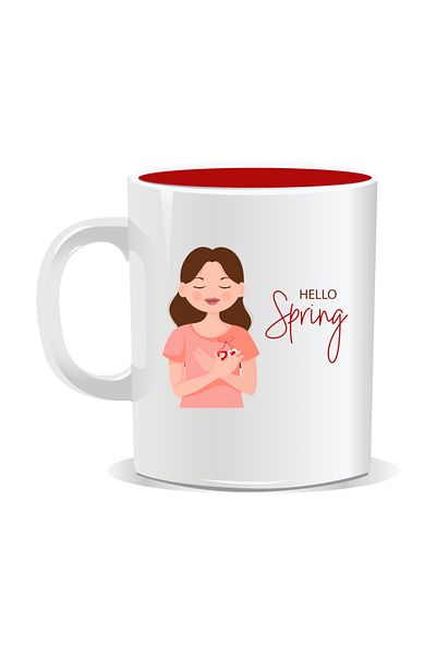 OEM Personalized mug with March 1st message, Hello Spring - Red interior