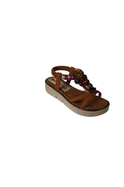 Yaz Kış Ayakkabı Yazkiş Women's Tan Stone Ankle Elastic 4cm Thick Sole Comfortable Sandals