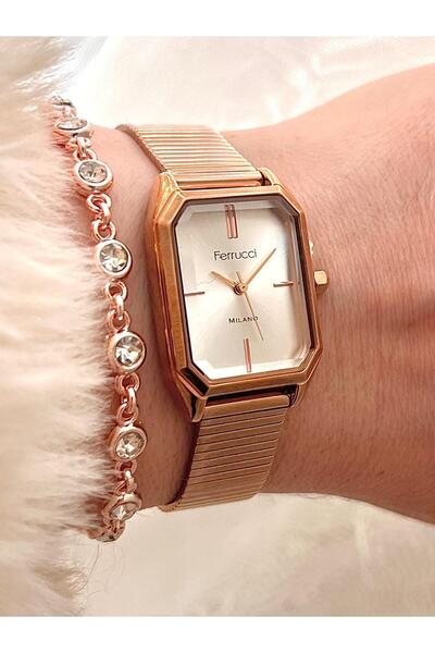 Ferrucci Dikdörtgen Kasa Hasır Şık Çelik Kordon Kadın Kol Saati+Bileklik