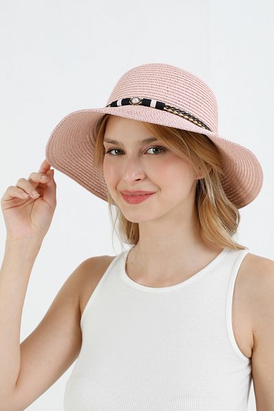 Fulla Moda Leather Detailed Beaded Straw Hat