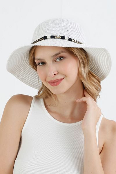 Fulla Moda Pălărie de paie cu mărgele cu detalii din piele