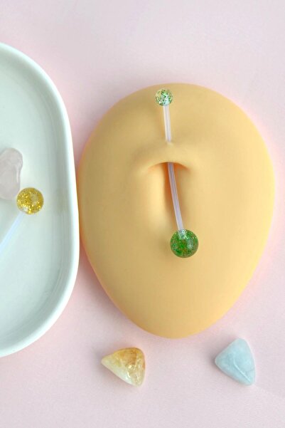 Sacce Scarves&Accessories Hamilelik İçin Simli Bioplast Göbek Piercing Seti – 2'li (Yeşil & Sarı)