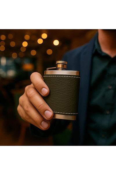 PERLOTUS 5 oz 150 Cc Khaki Green Handmade Leather Cover Steel Whiskey Pocket Flask