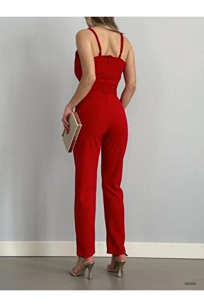 Modafeminen Ithal Krep Kumaş Kemerli Tulum Kırmızı 582203