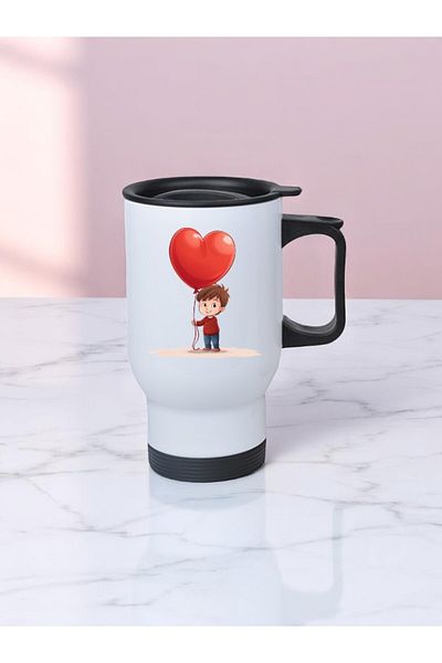 lili hediyelik Heart and Child Printed Steel Cup Thermos with Handle 450 ml
