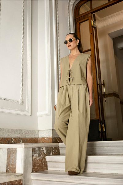 Ecenin Favorileri Tie-Up Casual Parachute Fabric Trousers Vest Set