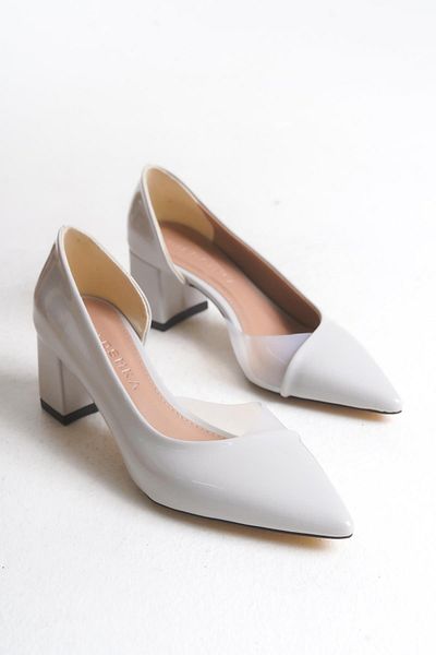 Niloshka Fabio Gray Patent Leather Transparent Detailed Stiletto Shoes