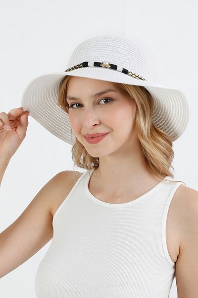 Fulla Moda Pălărie de paie cu mărgele cu detalii din piele