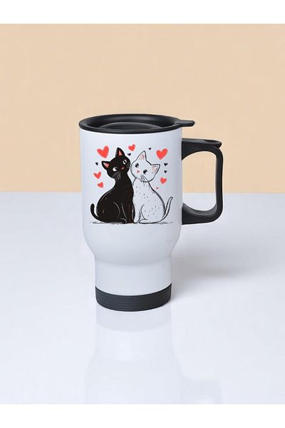 lili hediyelik Heart Cats Printed Steel Cup Thermos with Handle 450 ml