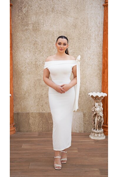 MODA Beyaz fiyonklu midi elbise