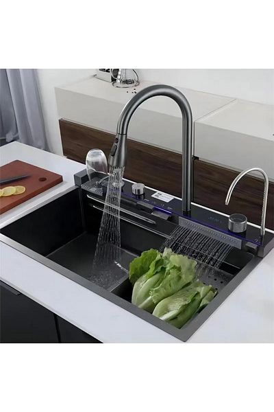 Influential Tech Multifunctional Kitchen Sink Set, LED Display, Retractable Faucet, Soap Dispenser, Stainless Steel