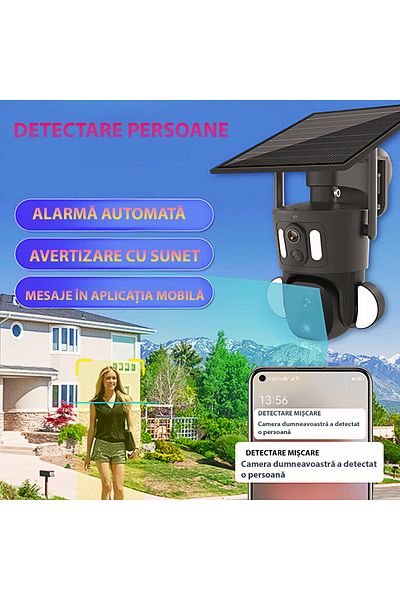 Spionescu Dual surveillance camera, Q32, 4G, 4MP, PTZ, CCTV, IP 66, 9W solar panel, 360º panoramic view