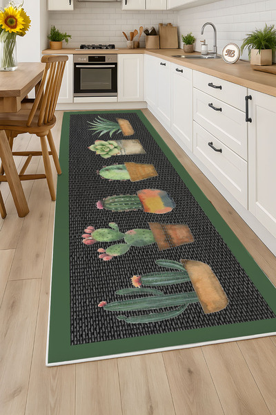 PRINTOPIA Yeşil Kaktüsler Desenli Yıkanabilir Kaymaz Mutfak Halısı