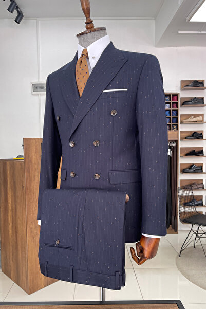 NAZEF Özel Tasarım Dar Kesim Sivri Yaka Çizgili Kruvaze Lacivert Takım Elbise ( Sınırlı Stok )