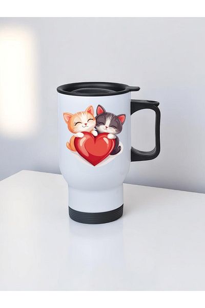 lili hediyelik Heart Kittens Printed Steel Cup Thermos with Handle 450 ml