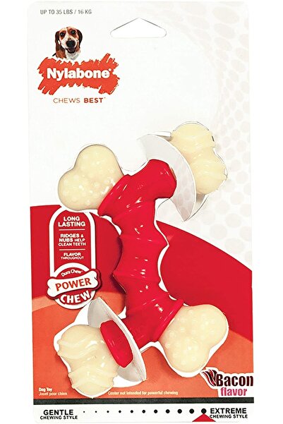 Nylabone علكة باور تشو بعظم مزدوج من لحم الخنزير المقدد (نايلون بالكامل) علكة نايلون صغيرة