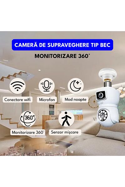 Spionescu Dual bulb surveillance camera, E9, V380 PRO, 4MP, 360° panoramic, 1080P, microSD port