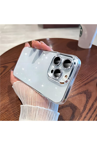 Merwish iPhone 14 Pro Kamera ve Lens Korumalı Simli Işıltılı Taşlı Şeffaf Kap...