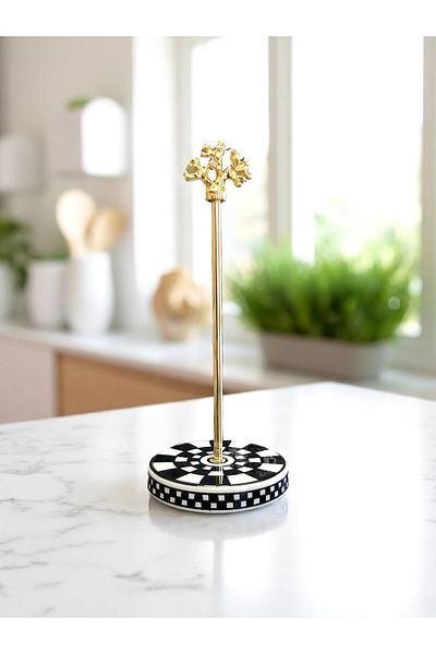 ferayhome Paper Towel Holder Roll Napkin Holder Kitchen Accessory Ceramic Black Checkered Gold - Feray Home