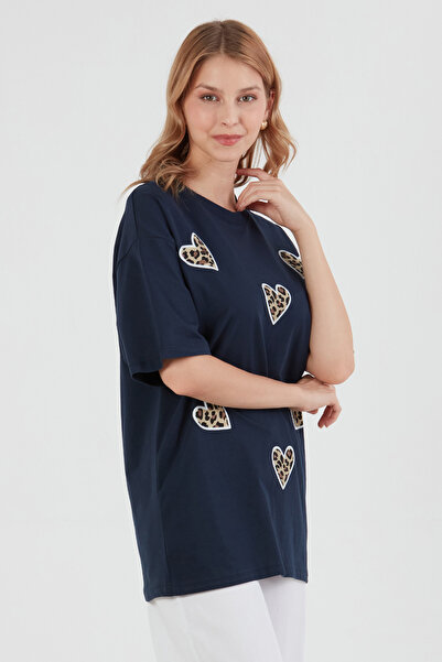 Fulla Moda Leopard and Heart Printed Oversize T-Shirt