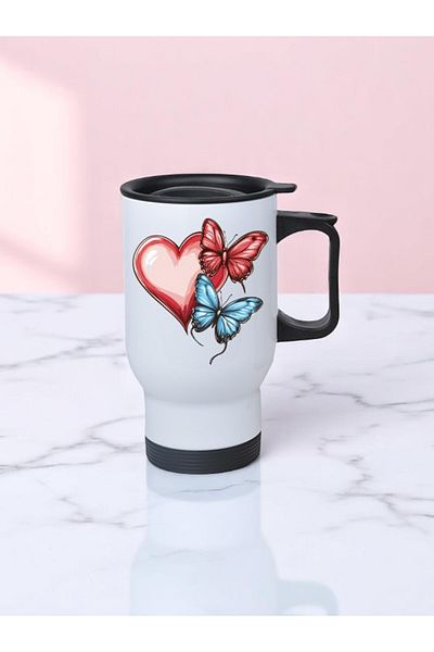 lili hediyelik Heart and Butterfly Printed Steel Cup Thermos with Handle 450 ml